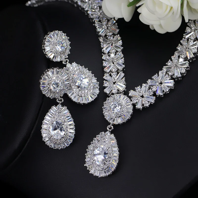 CWWZircons White Gold Color Luxury Bridal CZ Crystal Necklace and Earring Set Big Wedding Jewelry Sets For Brides T103 25