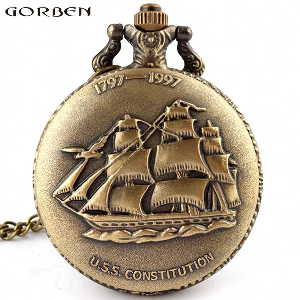 

Vintage U.S.S.CONSTITUTION Sailing Canvas Boat Ship Quartz Pocket Watch Men Women Sailboat Pendant Chain Steampunk Retro Clock