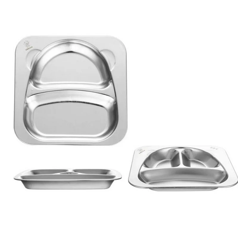Stainless steel grid snack plate deep thick 2/3 grid students adult canteen tableware metal snack plate Stainless steel grid snack plate deep thick 2/3 grid students adult canteen tableware metal snack plate
