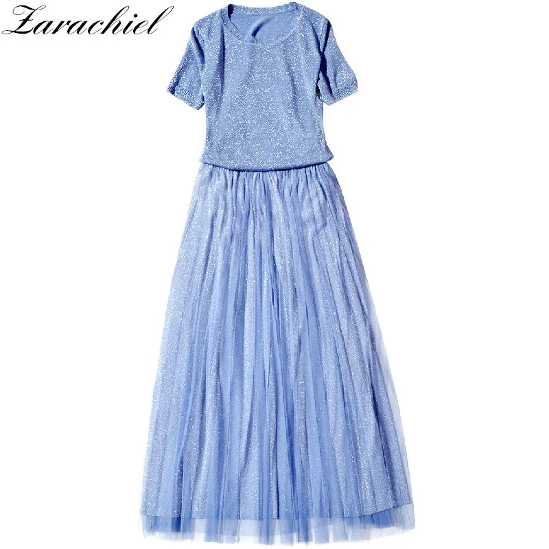 2019 Summer Women Bright Silk 2 Piece Set Knitted Slim Short Sleeve Pullover Tops+Elastic High Waist Mesh Long Pleated Skirt Set
2019 Summer Women Bright Silk 2 Piece Set Knitted Slim Short Sleeve Pullover Tops+Elastic High Waist Mesh Long Pleated Skirt Set