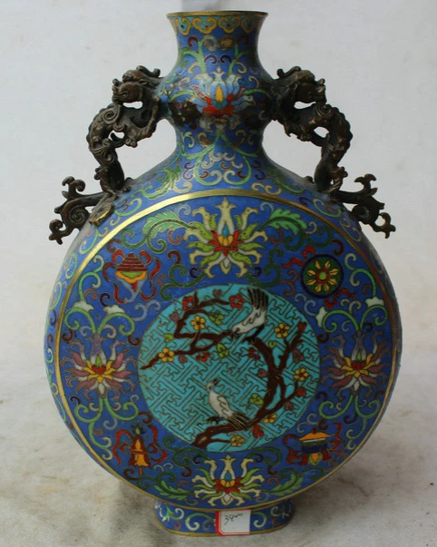 xiuli 002090 13" Marked Chinese palace Cloisonne Bronze dragon handle flower Bottle Vase