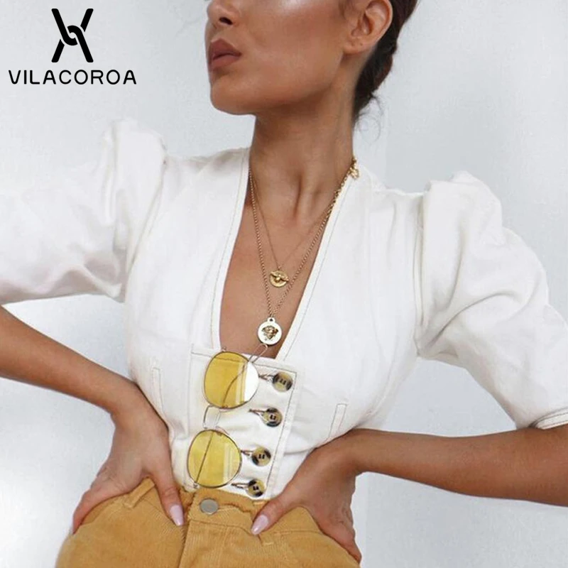 Vintage White Single-Breasted Office Female T-Shirt V-Neck Short Sleeve Tops Puff Sleeve Short Tee Shirt Femme Camiseta Mujer
Vintage White Single-Breasted Office Female T-Shirt V-Neck Short Sleeve Tops Puff Sleeve Short Tee Shirt Femme Camiseta Mujer