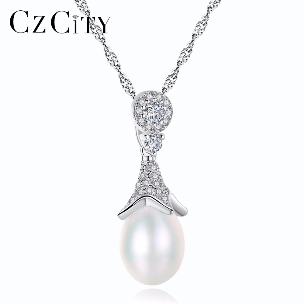 

CZCITY Flower Bud 925 Sterling Silver White CZ Pendant Necklace For Women Fashion Freshwater Water Drop Pearl Fine Jewelry