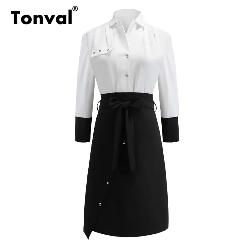 Tonval White and Black Contrast Elegant Office Lady Dress Tie Front Long Sleeve Dresses Women Workwear Shirt Dress
Tonval White and Black Contrast Elegant Office Lady Dress Tie Front Long Sleeve Dresses Women Workwear Shirt Dress