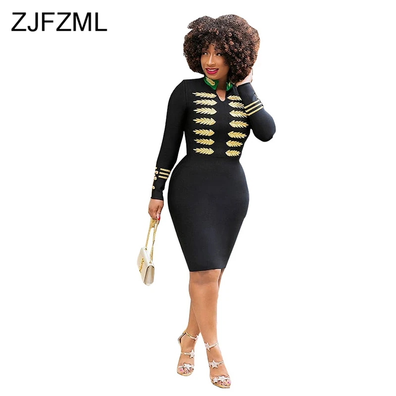 Gold Leaves Sexy Embroidery Dress High Quality Women Stand Collar Long Sleeve Bandage Dress Office Lady Slim Fit Party Vestidos
Gold Leaves Sexy Embroidery Dress High Quality Women Stand Collar Long Sleeve Bandage Dress Office Lady Slim Fit Party Vestidos
