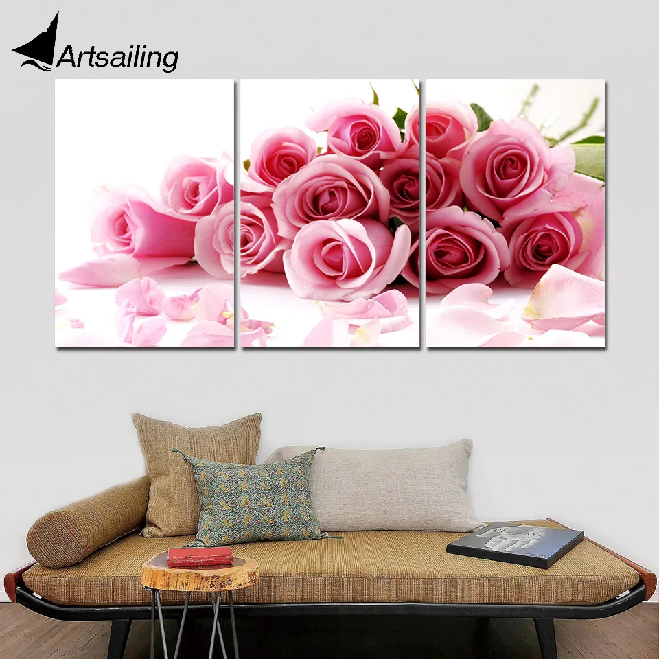 ArtSailing HD Printed 3 Piece Canvas Pink Roses For Romantic Love Modular Picture Prints Wedding Decoration | Дом и сад