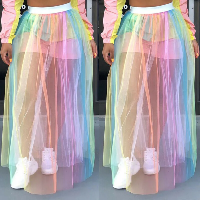 Women Skirts Summer See Through Mesh Rainbow Striped Mesh Sheer High Waist Women Maxi Skirt Party Long Skirt Casual Beach Skirts
Women Skirts Summer See Through Mesh Rainbow Striped Mesh Sheer High Waist Women Maxi Skirt Party Long Skirt Casual Beach Skirts