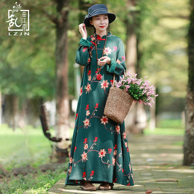 

LZJN Spring Women Dress Chinese Style Tunic Embroidery Floral Cotton Dresses Vintage Robe Femme Long Sleeve Maxi Dress 1860