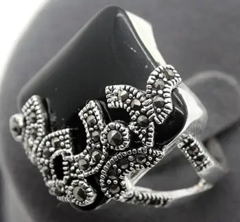 

fashion design Square 925 Sterling Silver 22*20mm Natural Black Natural JADE Gems Marcasite Ring Size 7/8/9/10