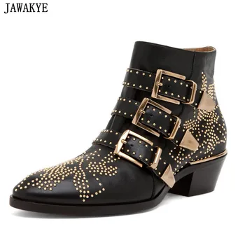

JAWAKY Women Boots punk style rivets studded Ankle Boots Pointy toe zipper Strap buckled Riding martin Booties Zapatos Mujer