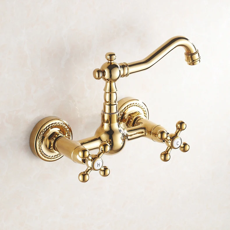 Wall to wall faucet, cold and hot copper, golden revolving basin, European style titanium bathroom faucet, wall water
Wall to wall faucet, cold and hot copper, golden revolving basin, European style titanium bathroom faucet, wall water