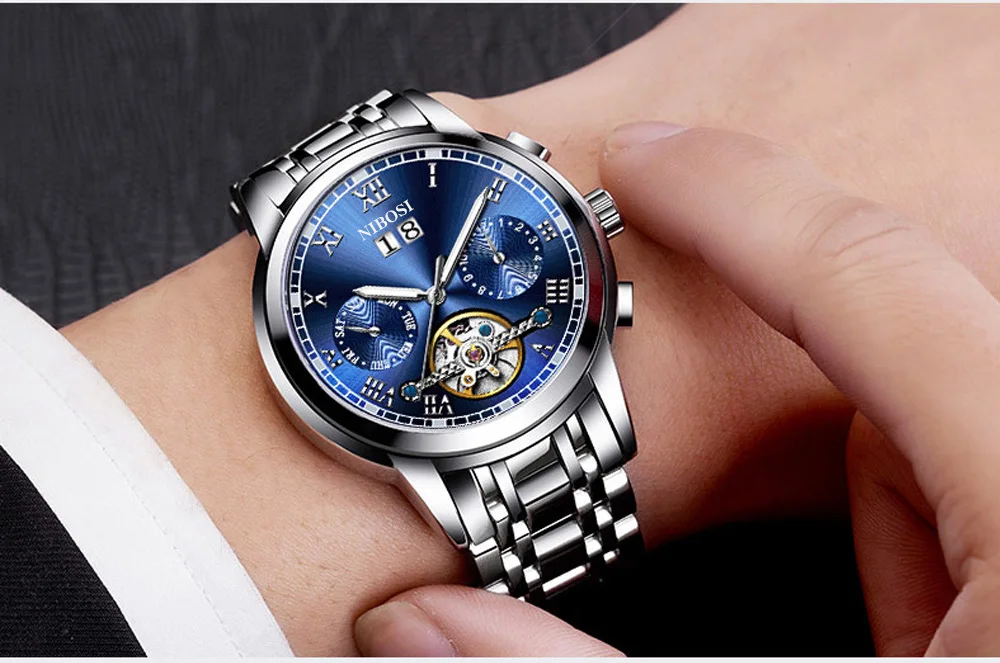 NIBOSI Skeleton Automatic Mechanical Watches For Men Full Steel Strap Clock Luminous Luxury Watch Men's Relogio Masculino (16)