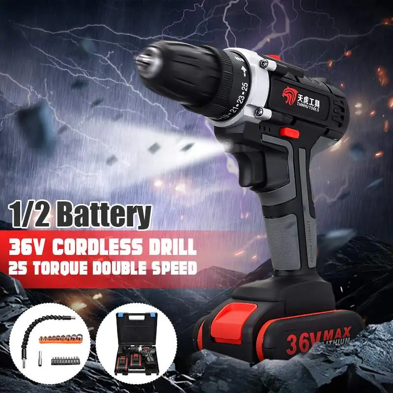 36V Cordless Drill Double Speed Adjustment Electric Drill LED Lighting 2 battery 25-speed 0-350r/1150r/min
36V Cordless Drill Double Speed Adjustment Electric Drill LED Lighting 2 battery 25-speed 0-350r/1150r/min