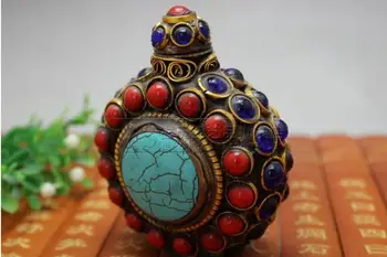 

Miscellaneous antiques collection of antique copper inlaid with Turquoise imitation Red Coral snuff bottle round piece ornamen