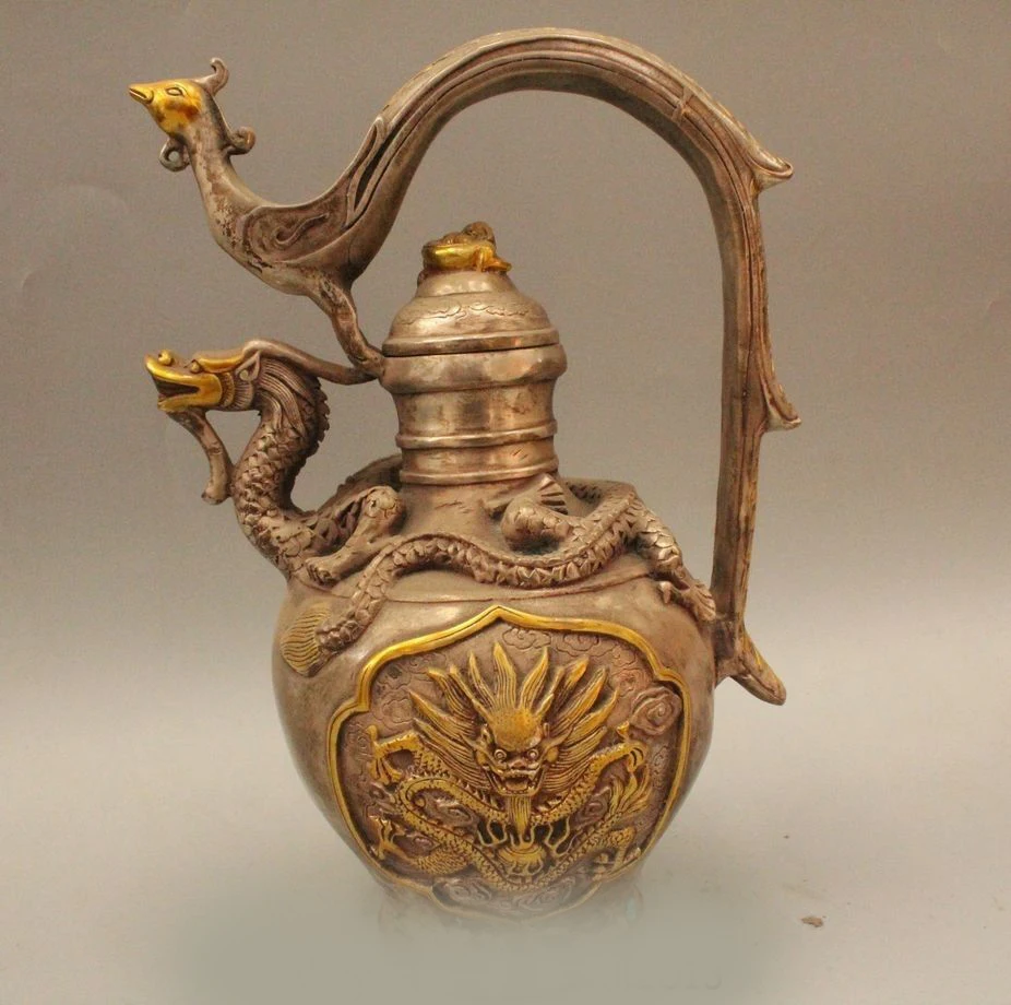 DS 11" China Chinese Dynasty Palace Silver Gild Dragon Phoenix Statue Wine Pot Flag
DS 11" China Chinese Dynasty Palace Silver Gild Dragon Phoenix Statue Wine Pot Flag