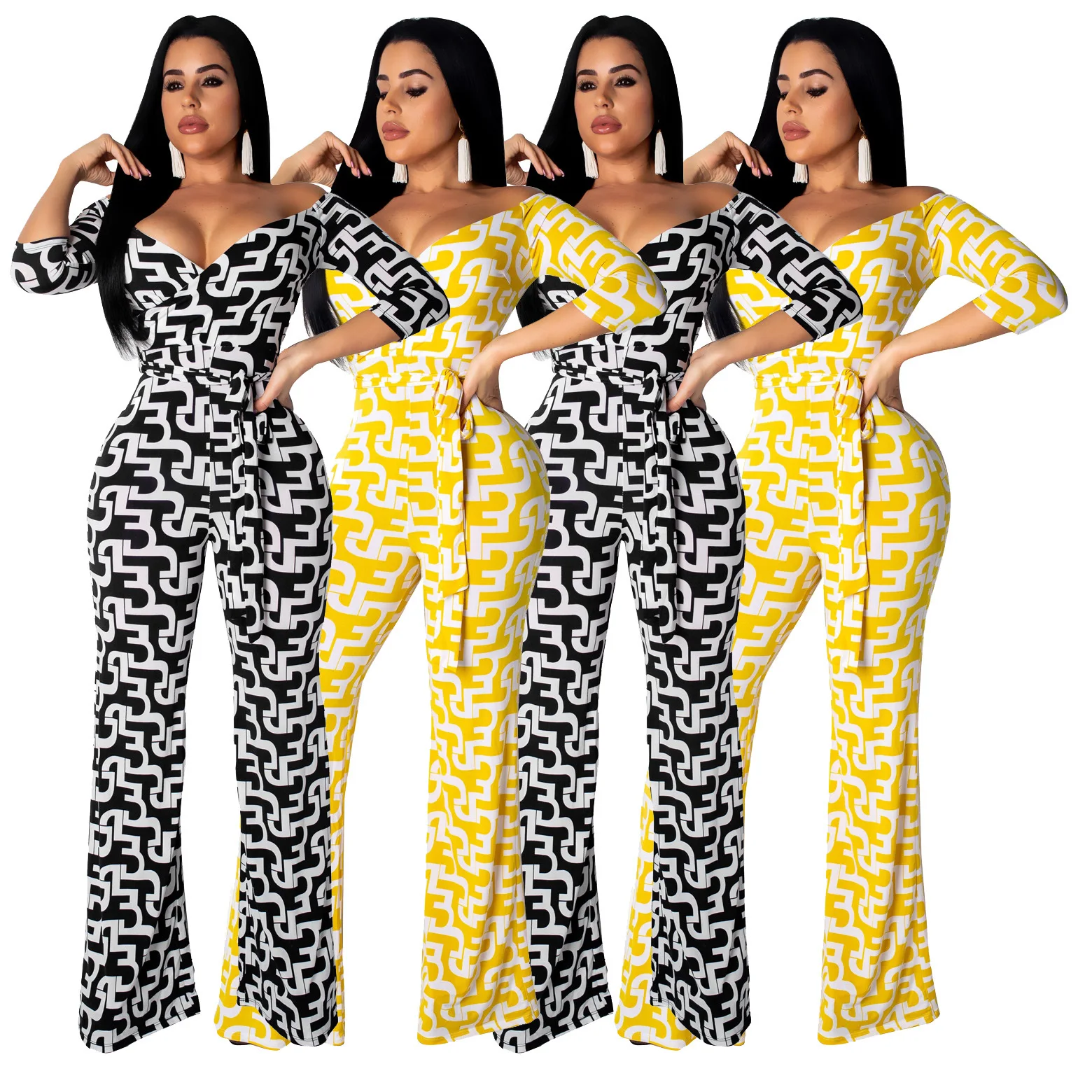 

2019 Summer women print neckline plunging v-neck high waist belts overalls three quarter sleeve jumpsuit romper 2 color