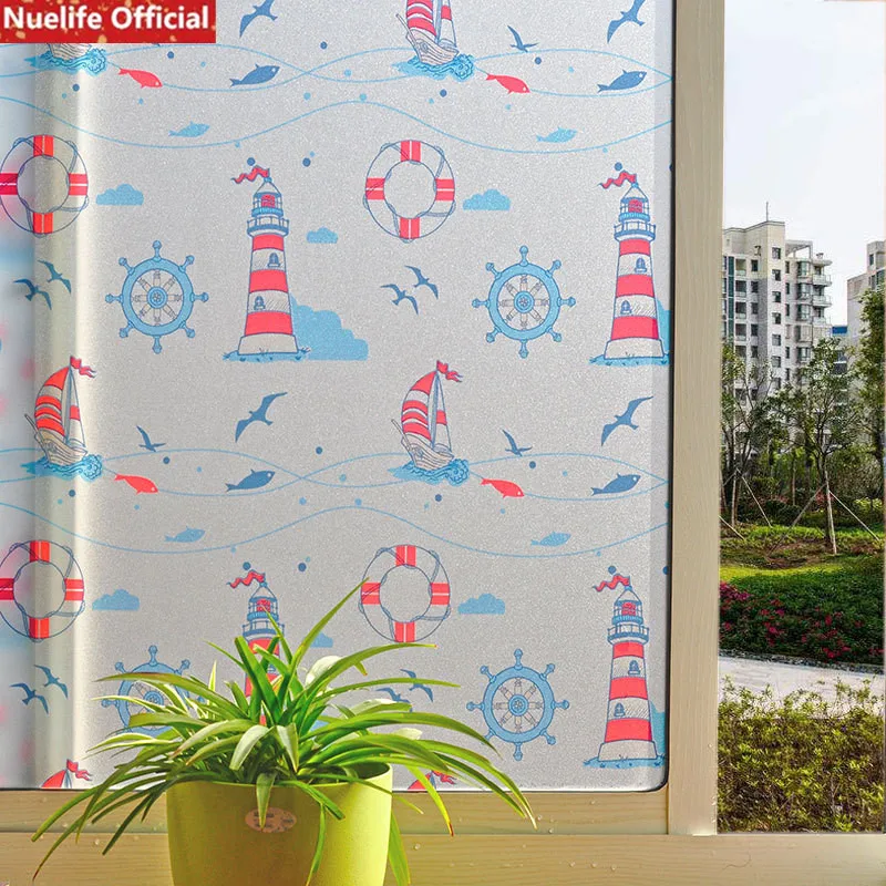 cheap blue nautical boat and lighthouse electrostatic frosted glass film bathroom kids room kindergarten opaque window stickers | Дом и сад
