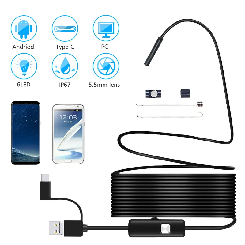 Tipo-C C/ámara Inal/ámbrica Endoscopio Borescopio Semi-r/ígida HD Impermeable para PC Windows Mac Micro USB C/ámara de Inspecci/ón 5,5mm 5M 3 en 1 USB Android Smartphone Samsung Tableta con OTG y UVC