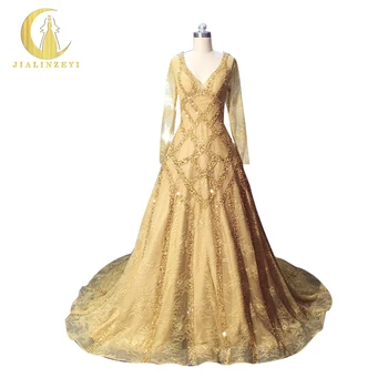 Rhine Real Sample Image V Neck Gold Lace Long Sleeves Beads Luxurious Court Train Evening Dress
Rhine Real Sample Image V Neck Gold Lace Long Sleeves Beads Luxurious Court Train Evening Dress