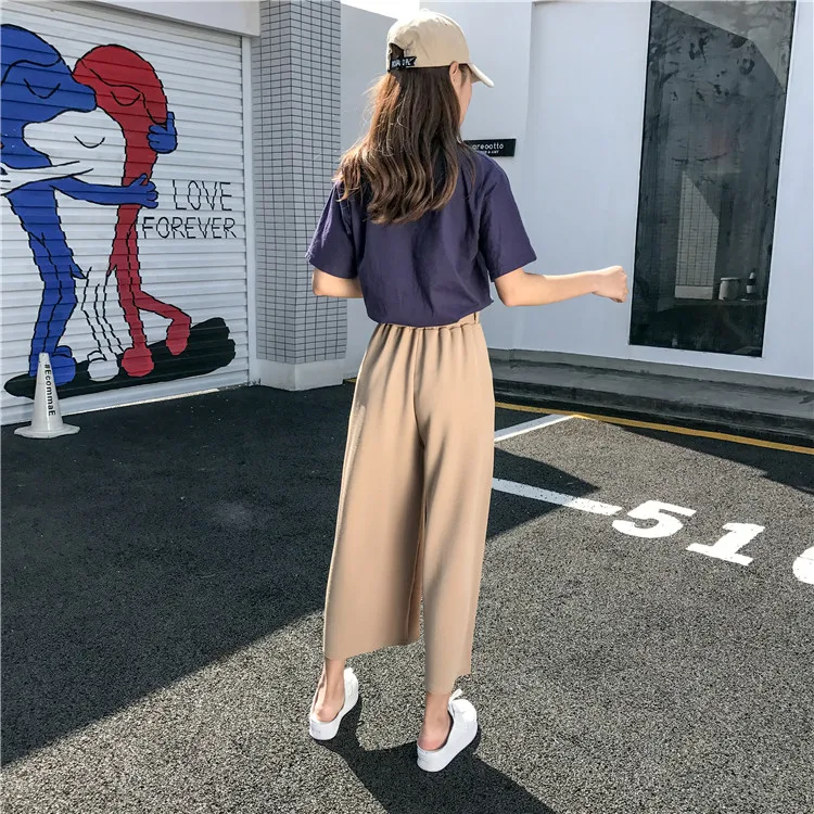 Plus Size - Casual Elastic Waist Loose Wide Leg Pants Preppy Style Trousers Female Palazzo Pants (Us 18W-20W)