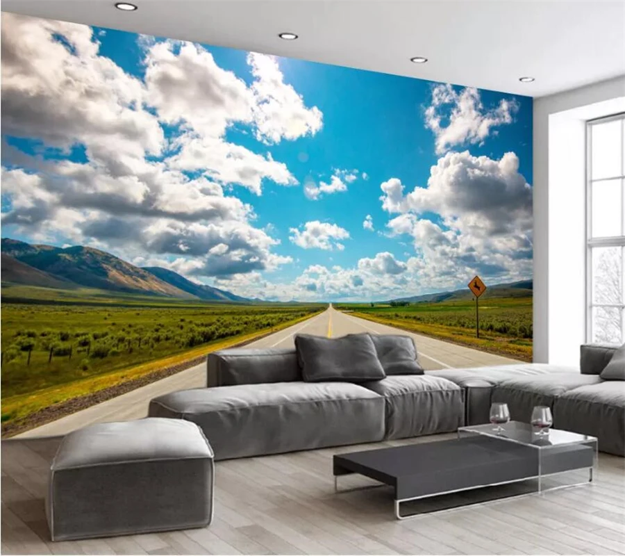 

Beibehang papier peint Custom wallpaper blue sky white clouds grassland road background wall papel de parede 3d wallpaper mural