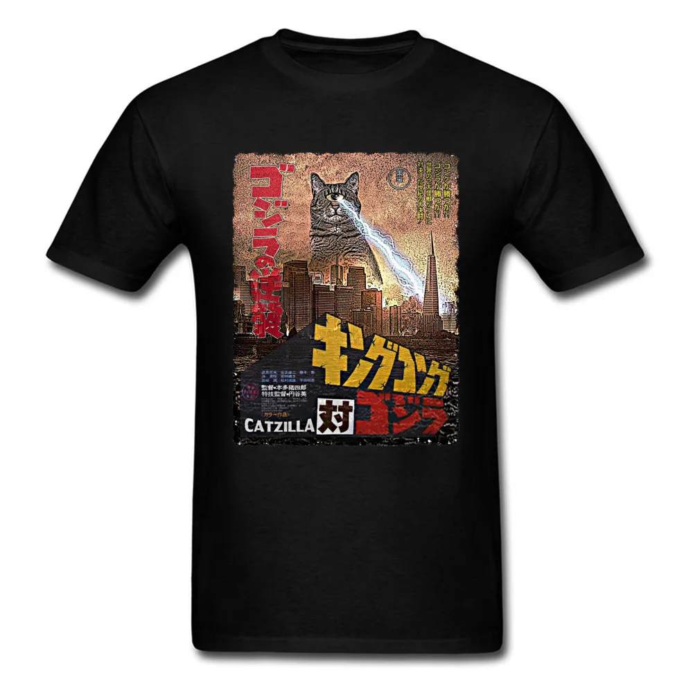 StreetPrinting Short Sleeve Tops Tees Summer/Autumn 2018 New Crewneck All Cotton Tee Shirt Men's T Shirts Catzilla-Poster Catzilla-Poster black