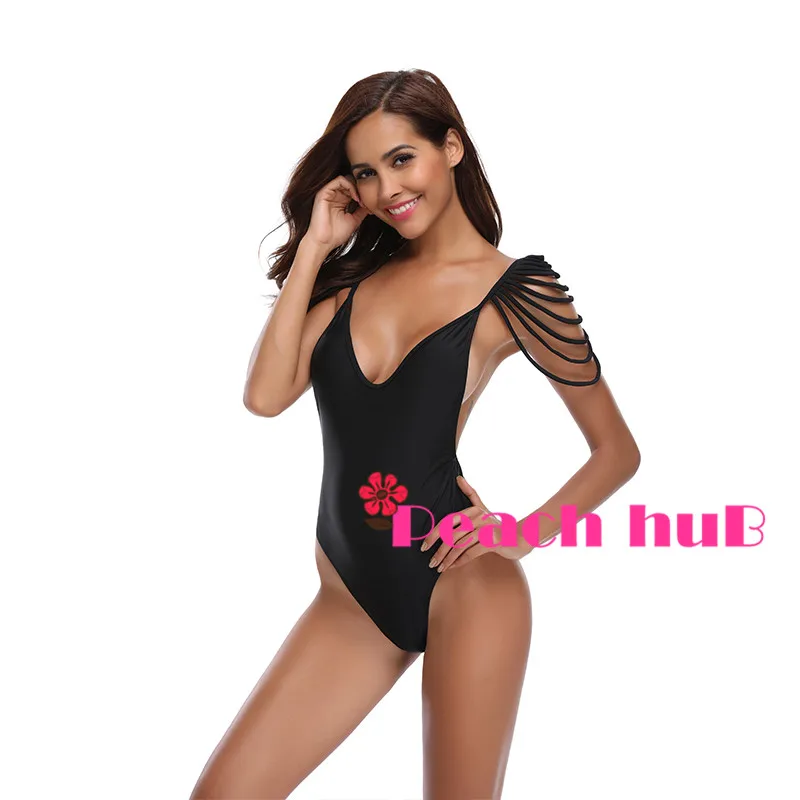 2019 Swimwear Whole Swimsuit Women One Piece Swimsuit Black Swimsuit Monokini Push Up Tassel Sleeve Swimwear Plus Size (5)