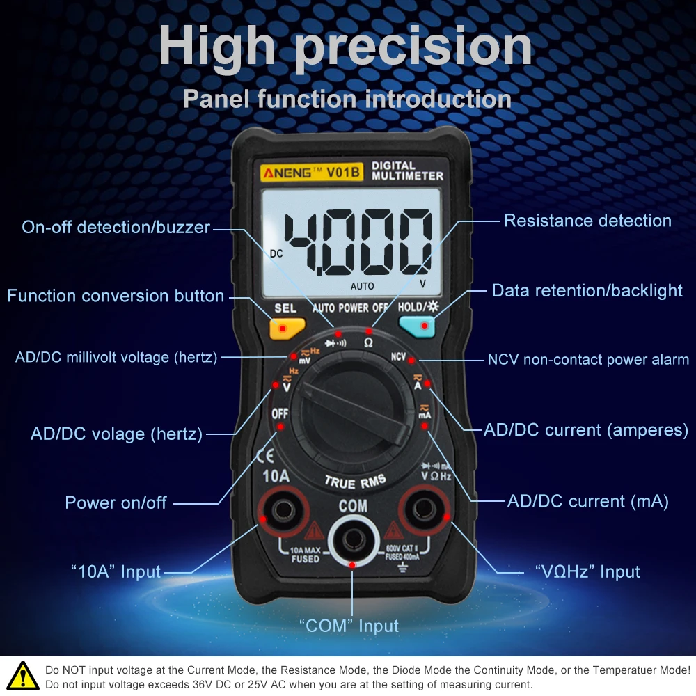 V01B Digital Multimeter Temperature Auto True-RMS intelligent NCV 4000 Counts AC/DC Voltage Current Ohm Meter Tester
V01B Digital Multimeter Temperature Auto True-RMS intelligent NCV 4000 Counts AC/DC Voltage Current Ohm Meter Tester