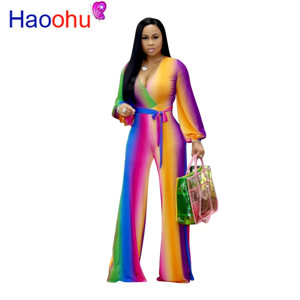 HAOOHU 2019 Full Sleeve V-Neck Jumpsuits Rainbow Stripe Sashes Loose autumn/winter Women fashion Sexy casual nightclub Rompers
HAOOHU 2019 Full Sleeve V-Neck Jumpsuits Rainbow Stripe Sashes Loose autumn/winter Women fashion Sexy casual nightclub Rompers
