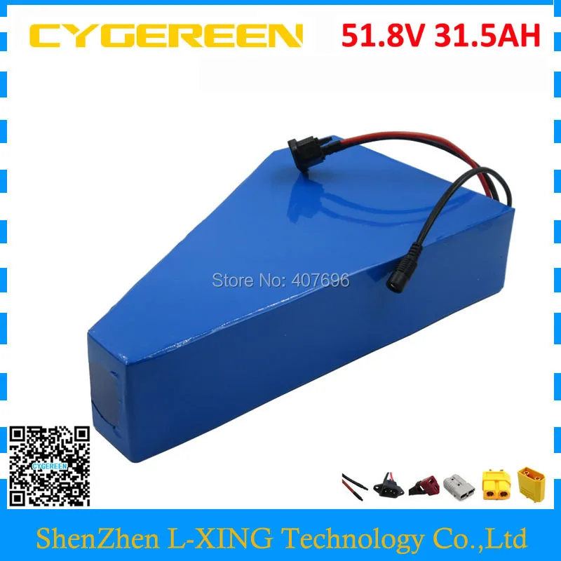 

51.8V 31.5AH triangle shap battery 52V 31.5AH Electric bike battery pack with bag use 3500mah 35E cell 50A BMS with 4A Charger