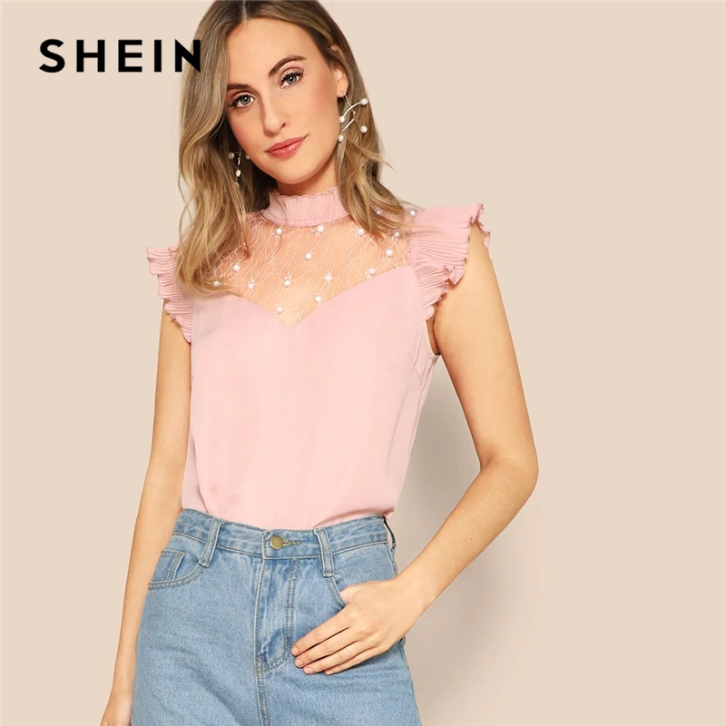 SHEIN Elegant Pink Pearl Beading Lace Yoke Pleated Ruffle Top Blouse Women Summer Frilled Collar Cap Sleeve Office Lady Blouses
SHEIN Elegant Pink Pearl Beading Lace Yoke Pleated Ruffle Top Blouse Women Summer Frilled Collar Cap Sleeve Office Lady Blouses