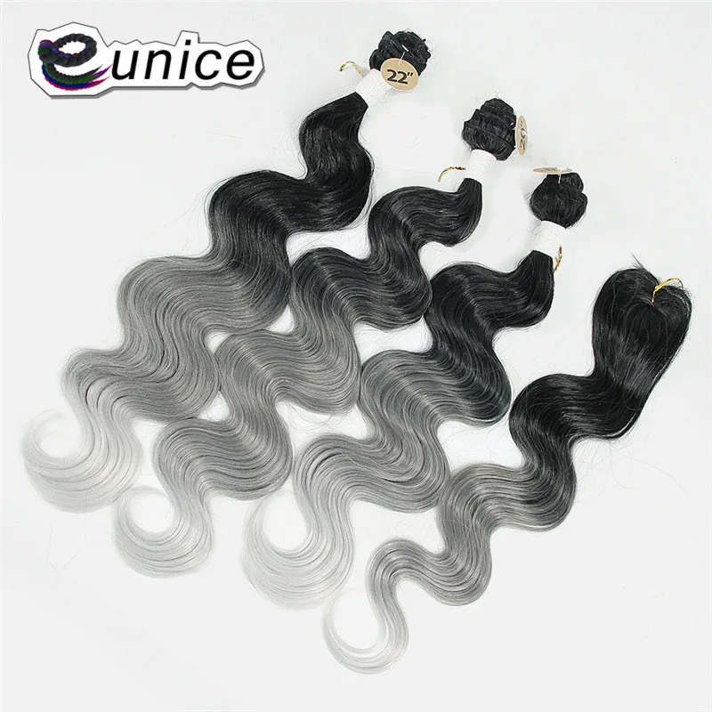 

Synthetic Honey Blonde Hair Bundles with Closure Body Wave Ombre Eunice Hair Weave Bundles T1B Grey Sew In Hair Weft 4pieces/lot