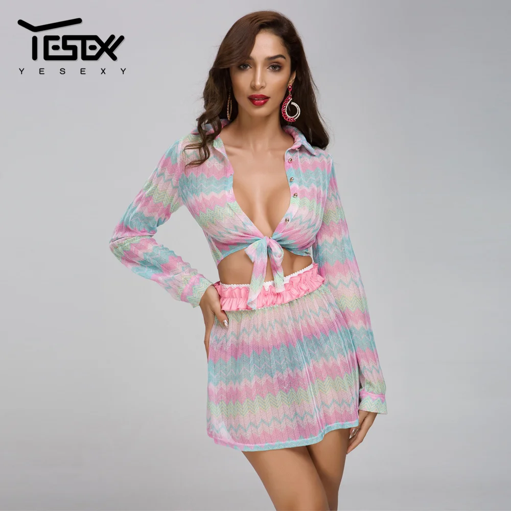 Yesexy 2019 Summer Holiday Rainbow Stripe Deep V Long Sleeve 2 Pcs Women Set Lace up Boho Women Mini Dresses VR1699
Yesexy 2019 Summer Holiday Rainbow Stripe Deep V Long Sleeve 2 Pcs Women Set Lace up Boho Women Mini Dresses VR1699