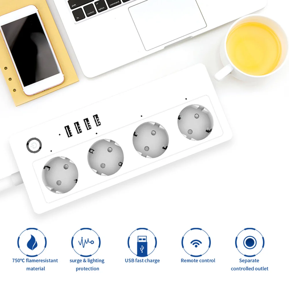 4 USB Wifi Smart Power Strip Outlets Plug with 4 USB Charging Port Timing App Voice Control Work with Smart Life APP
4 USB Wifi Smart Power Strip Outlets Plug with 4 USB Charging Port Timing App Voice Control Work with Smart Life APP