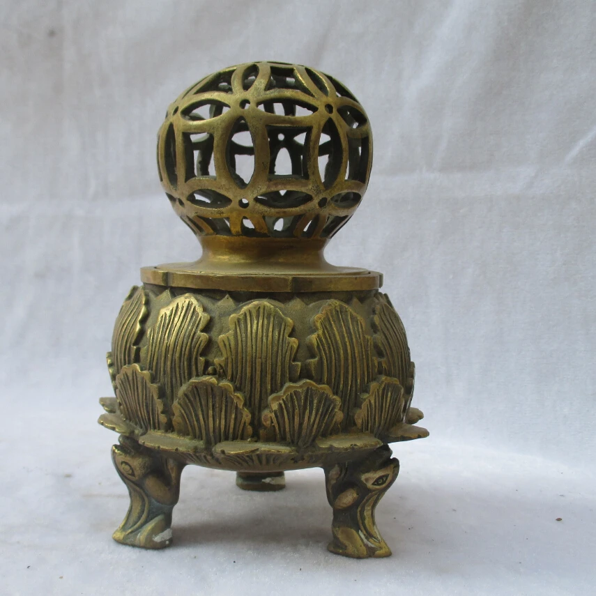 

Collectible Tibetan Old Brass Carved Lotus Censer /Antique Metal Censer from Tibet 02