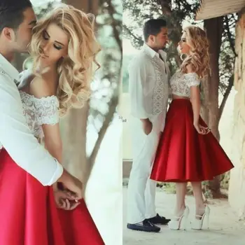 2016 Newest Red and White Beach Wedding Dresses 2 Piece Tea Length Off Shoulder Lace Wedding Dress Sexy A-Line Bride Gowns
2016 Newest Red and White Beach Wedding Dresses 2 Piece Tea Length Off Shoulder Lace Wedding Dress Sexy A-Line Bride Gowns
