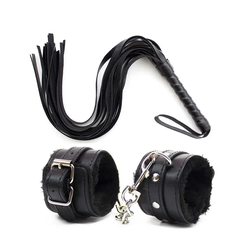 Sexy Lingerie Erotic Accessories PU Leather Plush Sex BDSM Bondage Set 1 Pair Handcuffs Whip Toys for Adults