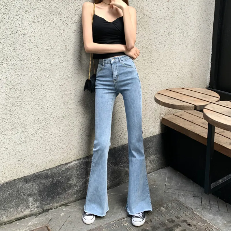 

WQJGR Spring and Summer 2019 Elastic High Waisted Jeans Women Flare Pants Full Length Mom Jeans Blue and Black Pants Women
