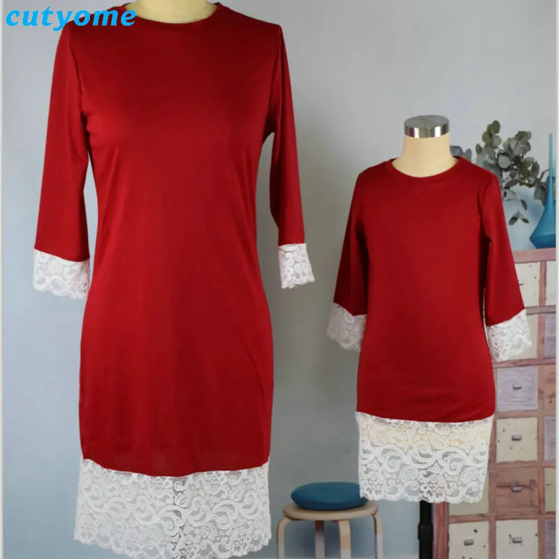 Mommy And Me Family Matching Dress Outfits Lace Patchwork Autumn Christmas Clothes Women Girls Red Wedding Dresses Clothing (9)