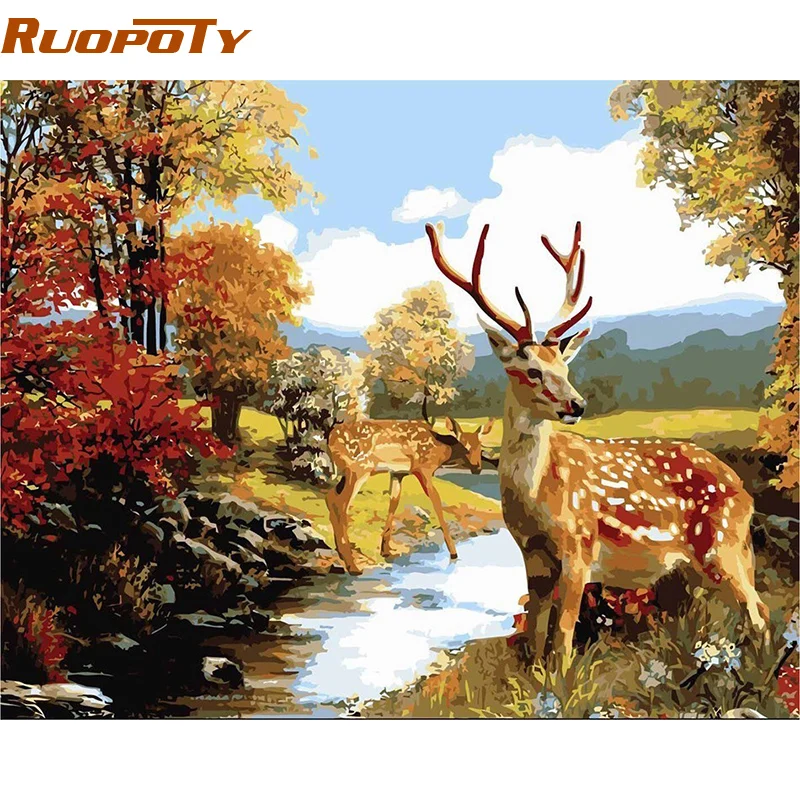 

RUOPOTY Animals DIY Oil Painting By Numbers Acrylic Paint On Canvas Wall Art Picture Handpainted For Living Room Deer Frame