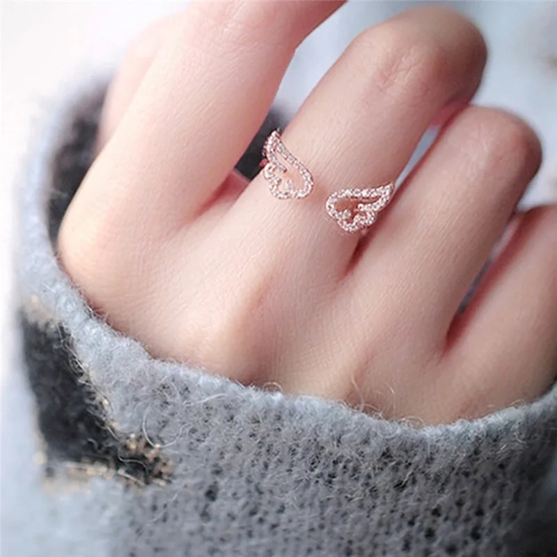 

BOAKO Adjustable Angel Wings Ring Micro Pave Zircon Rose Gold/Silver Color Rings For Women Fashion Jewelry Female Gifts X7-M2