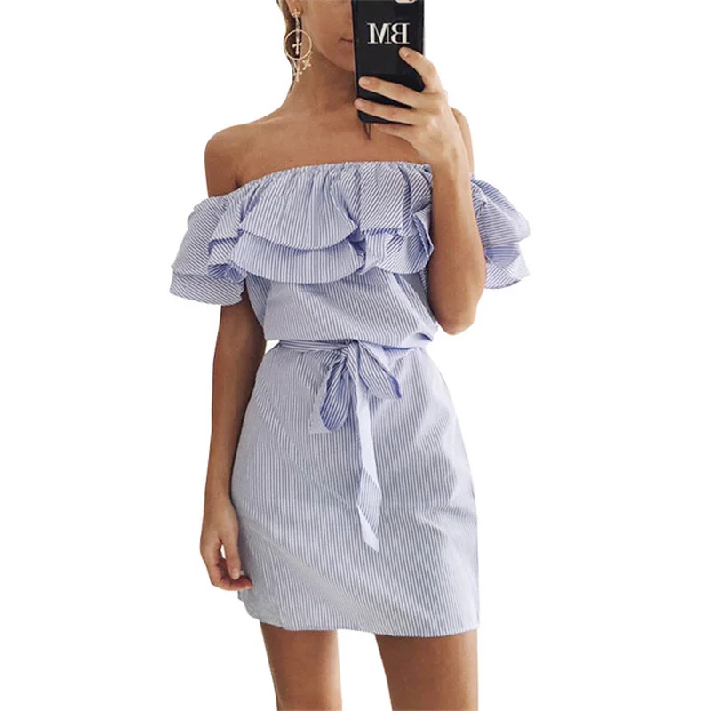 2019 Hot Summer Women Dresses Off Shoulder Strapless Striped Ruffles Dress Sundresses Lady Casual Shirt Short Mini Party Dresses
2019 Hot Summer Women Dresses Off Shoulder Strapless Striped Ruffles Dress Sundresses Lady Casual Shirt Short Mini Party Dresses