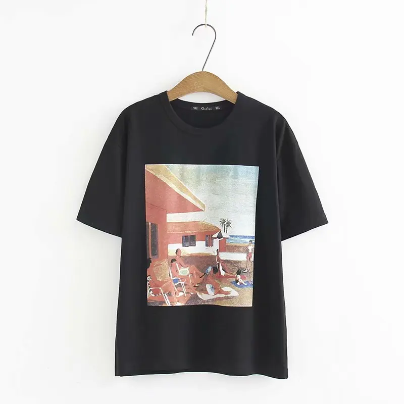 2019 New Women fashion o neck short sleeve beach scenery print casual T-shirt Summer chic black tops female basic T shirt T205
2019 New Women fashion o neck short sleeve beach scenery print casual T-shirt Summer chic black tops female basic T shirt T205