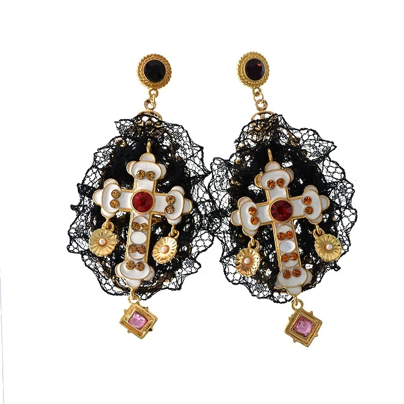 New Elaborate Exaggerated Pink Rose Settled On Cross Rhinestone With Black Lace Statement Fashion Baroque Earrings For Women
New Elaborate Exaggerated Pink Rose Settled On Cross Rhinestone With Black Lace Statement Fashion Baroque Earrings For Women