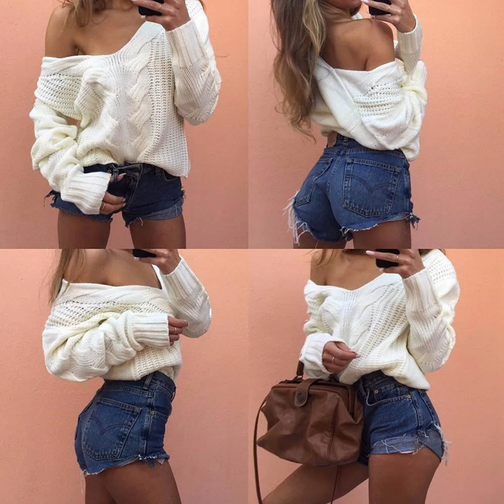 AZULINA Brief V-Neck Oversize Knitted Sweater Pullover Women 2017 Autumn Winter Drop Shoulder Loose White Sweater Pull Femme 7