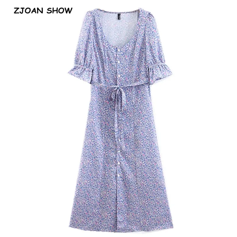 2019 New French Square Collar Lavender Floral Print Dress Vintage Women Short Sleeve Tide Bow Single-Breasted Long Dresses Retro | Женская