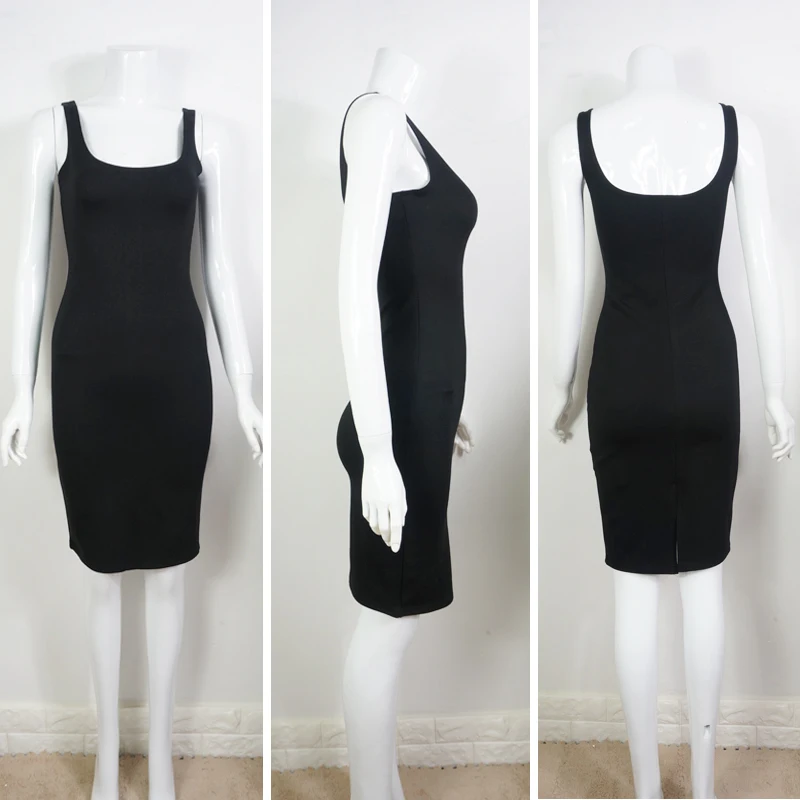black Sleeveless Back Split Stretch Bodycon Midi Dress