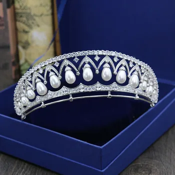 

SLBRIDAL Gorgeous Clear Cubic Zircon Pearls Wedding Tiara CZ Bridal Queen Princess Pageant Royal Party Crown Women Hair Jewelry