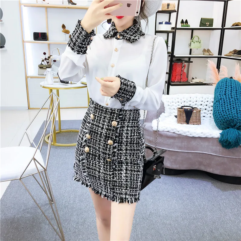 CBAFU patchwork chiffon tweed skirt suit for women 2 piece set long sleeve button blouse high waist plaid skirt autumn new P115
CBAFU patchwork chiffon tweed skirt suit for women 2 piece set long sleeve button blouse high waist plaid skirt autumn new P115