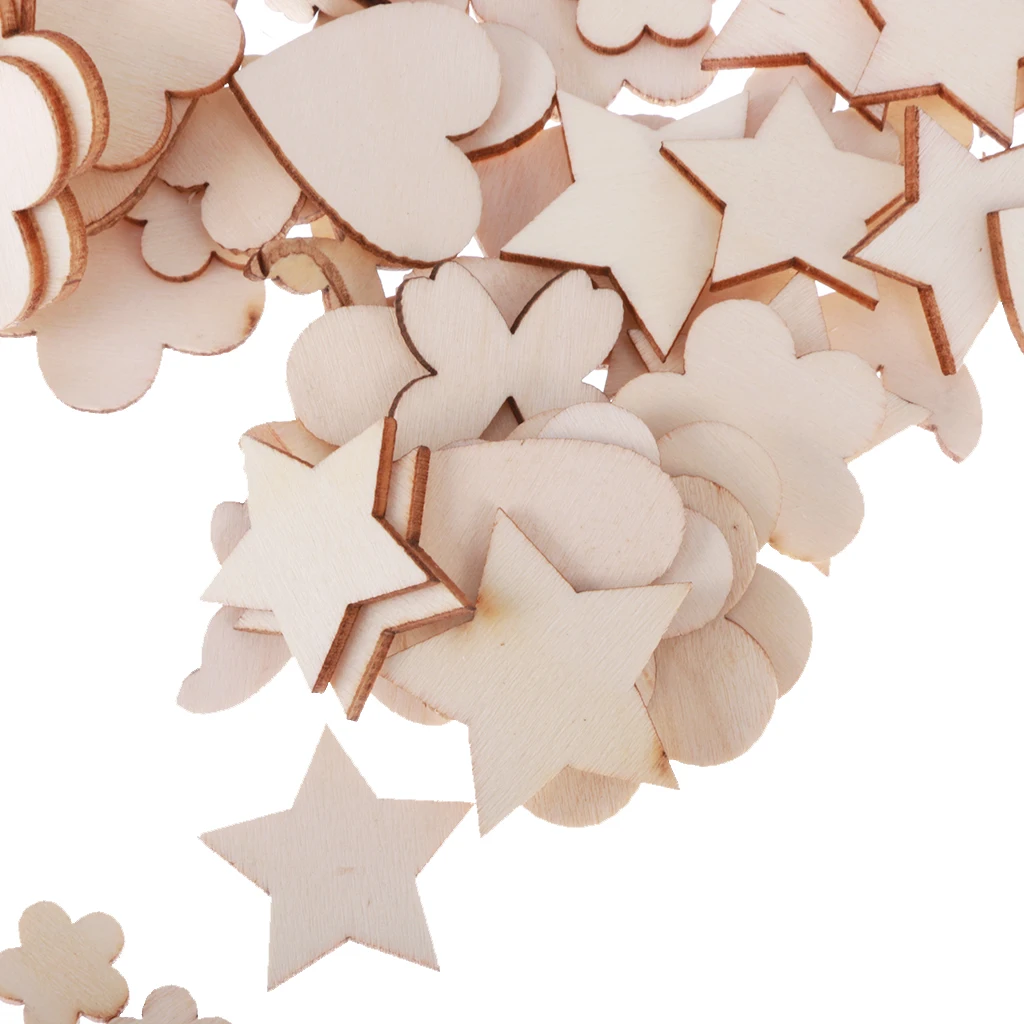 200pcs Assorted Shapes Natural Wooden Craft Embellishments MDF Wood Cutout Scrapbooking for DIY Art Wedding Decoration